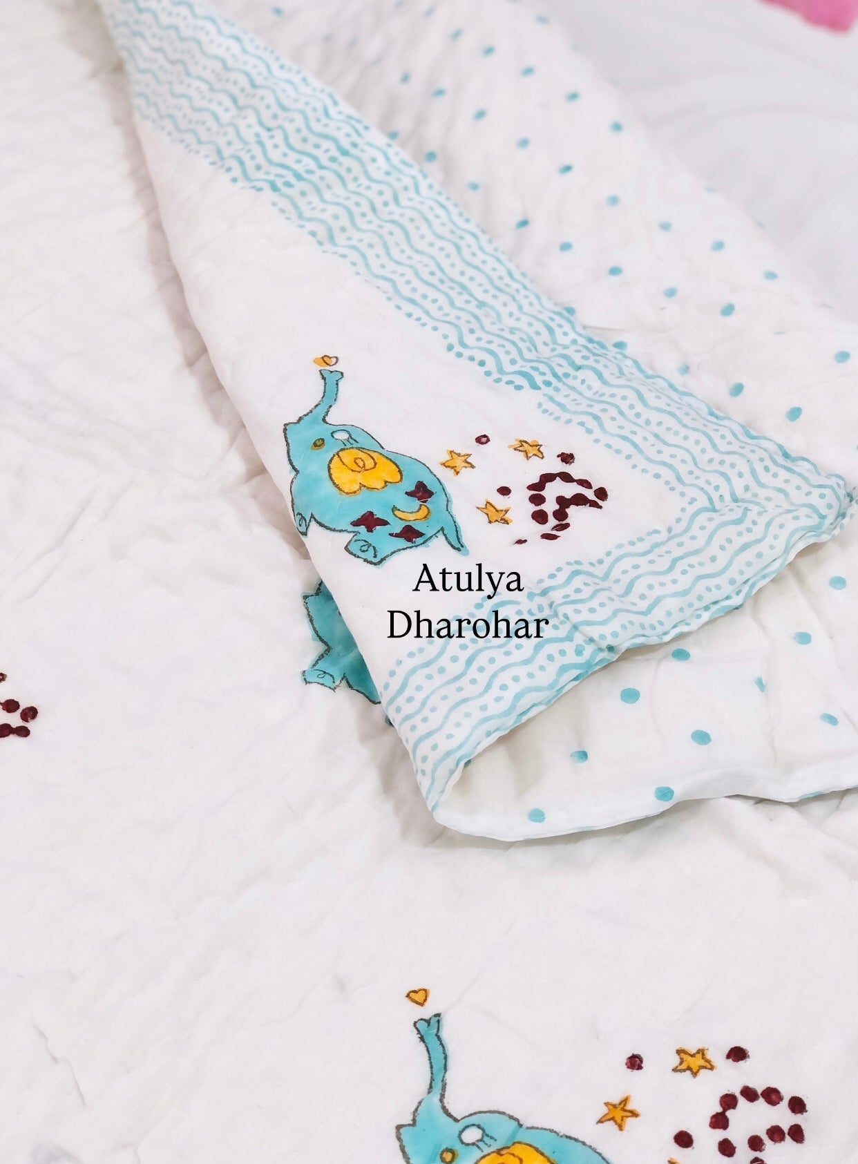 Elephant with Stars Baby Hand Block Printed Quilt
