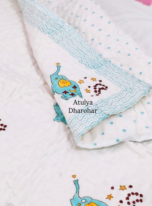 Elephant with Stars Baby Hand Block Printed Quilt