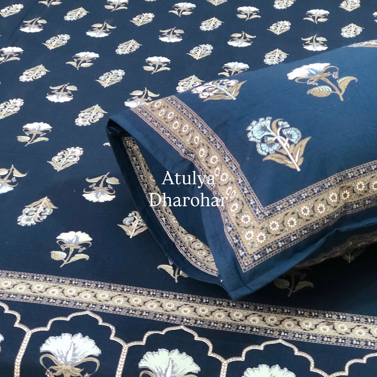 Blue Floral Motifs Cotton Super King Bedsheet