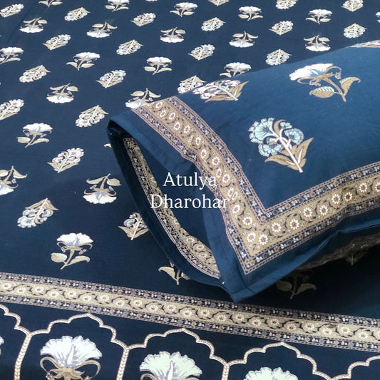 Blue Floral Motifs Cotton Super King Bedsheet