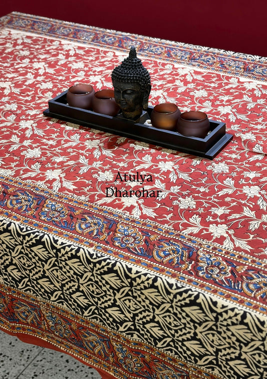 Maroon and Black Kalamkari Hand Block Dining Table Cover