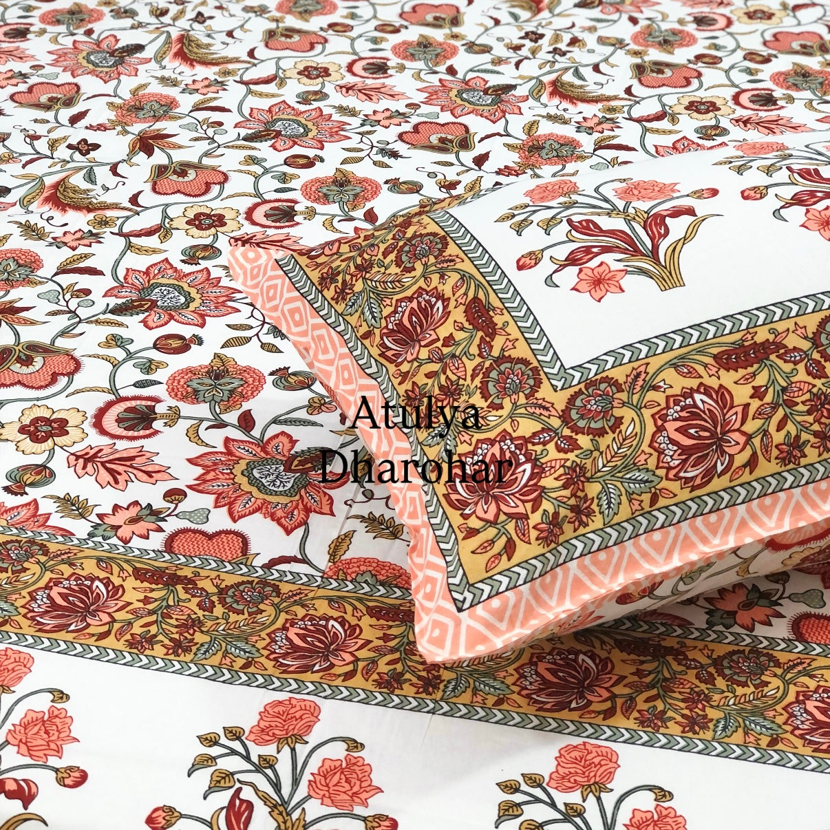 Orange Floral Jaal Cotton Super King Bedsheet