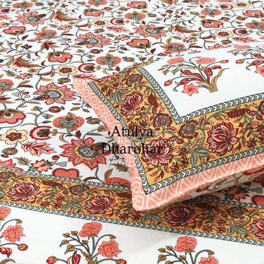 Orange Floral Jaal Cotton Super King Bedsheet