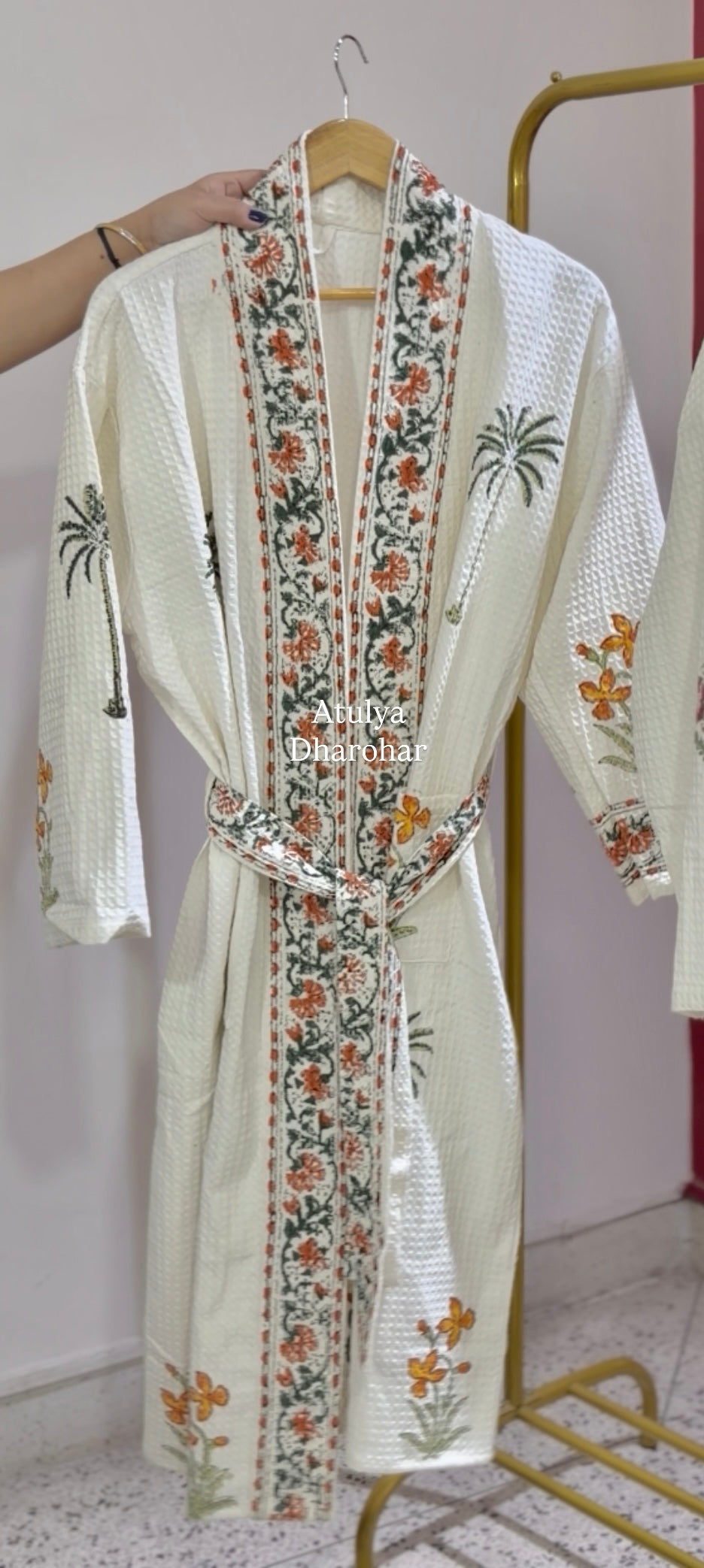 Orange Floral and Palm Tree Hand Block Printed Waffle Cotton Bathrobe