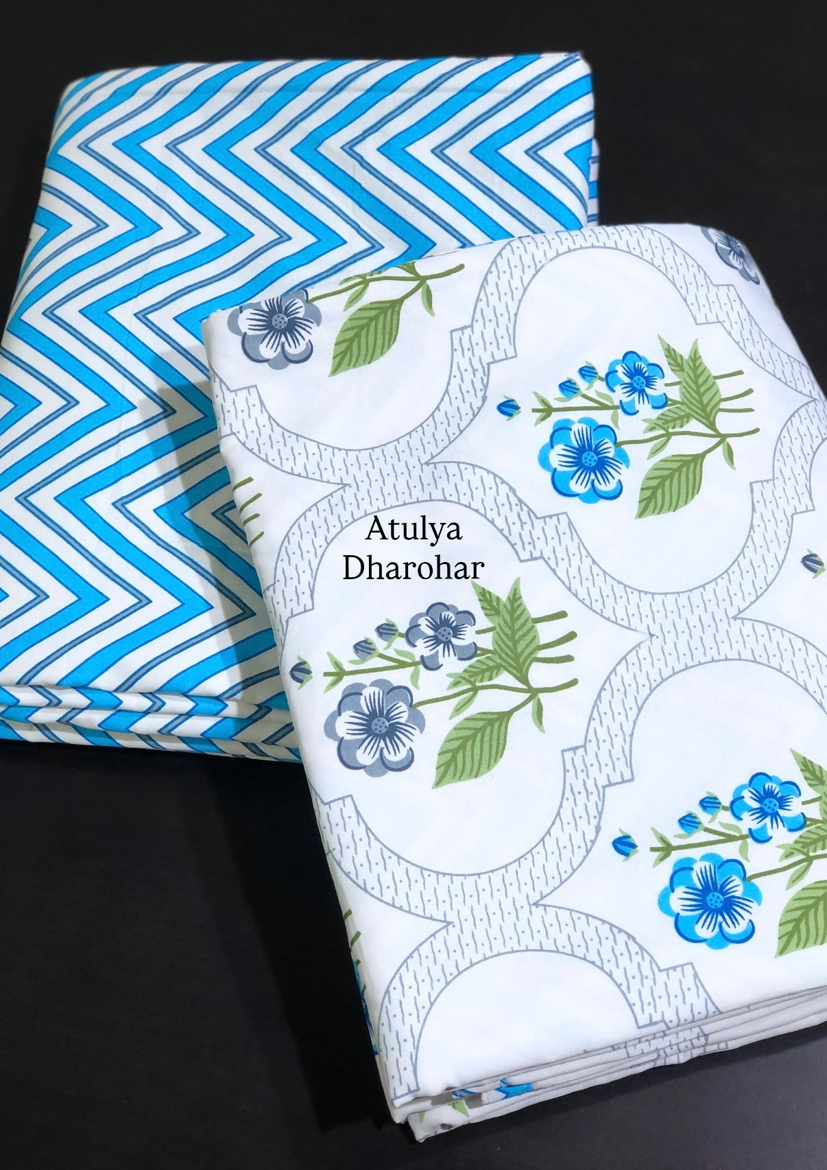 Blue and Green Floral Mughal Jaal Cambric Cotton Single Dohar Pair