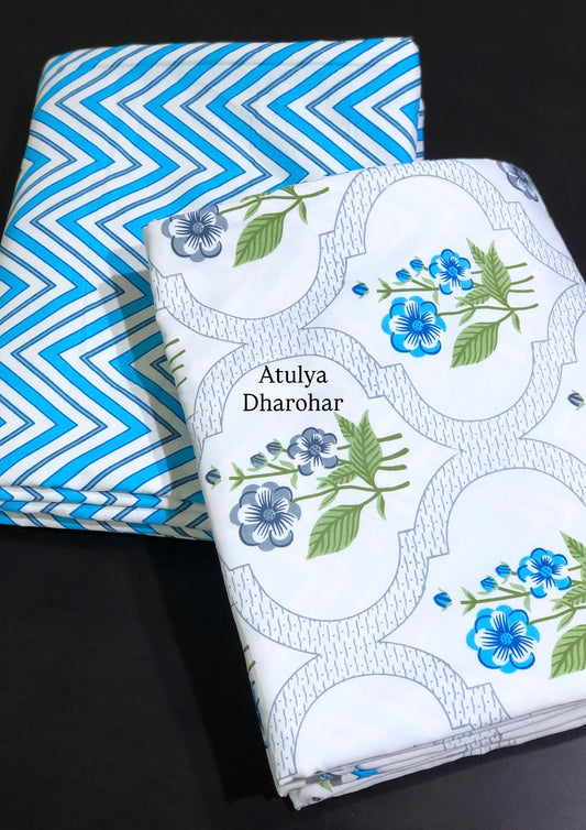 Blue and Green Floral Mughal Jaal Cambric Cotton Single Dohar Pair