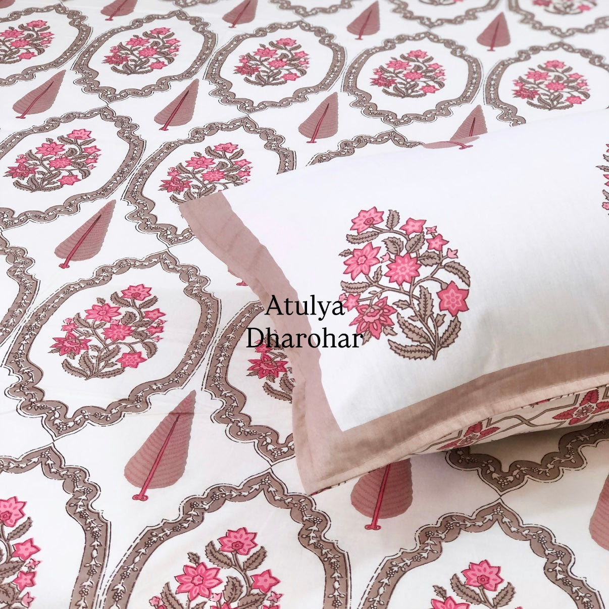 Pink and Brown Floral Mughal Jaal Super King Cotton Bedsheet