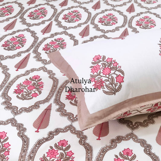 Pink and Brown Floral Mughal Jaal Super King Cotton Bedsheet