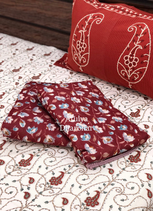 Red Floral Mulmul Single Dohar Pair