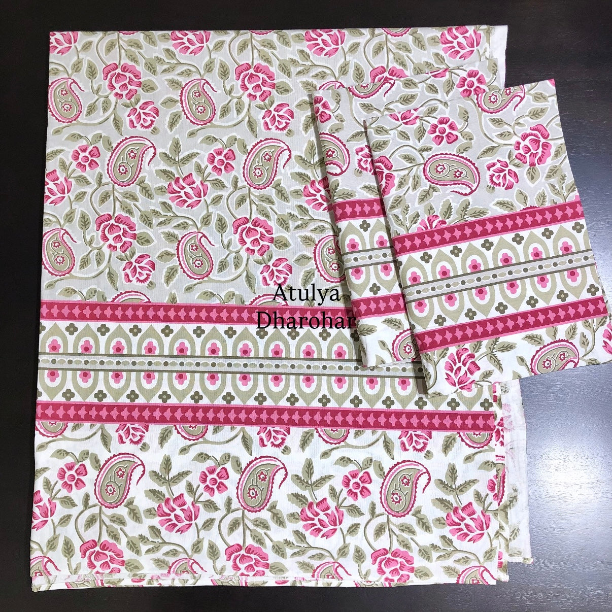 Grey and Pink Paisley Jaal Cotton King Size Bedsheet