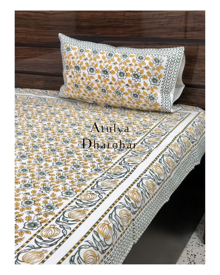 Yellow Floral Jaal Single Hand Block Bedsheet