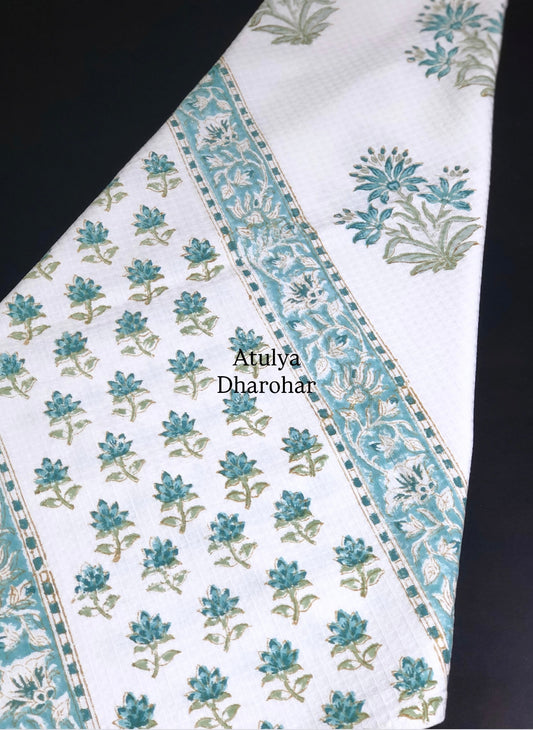 Teal Floral Motifs Hand Block Printed Waffle Cotton Towel