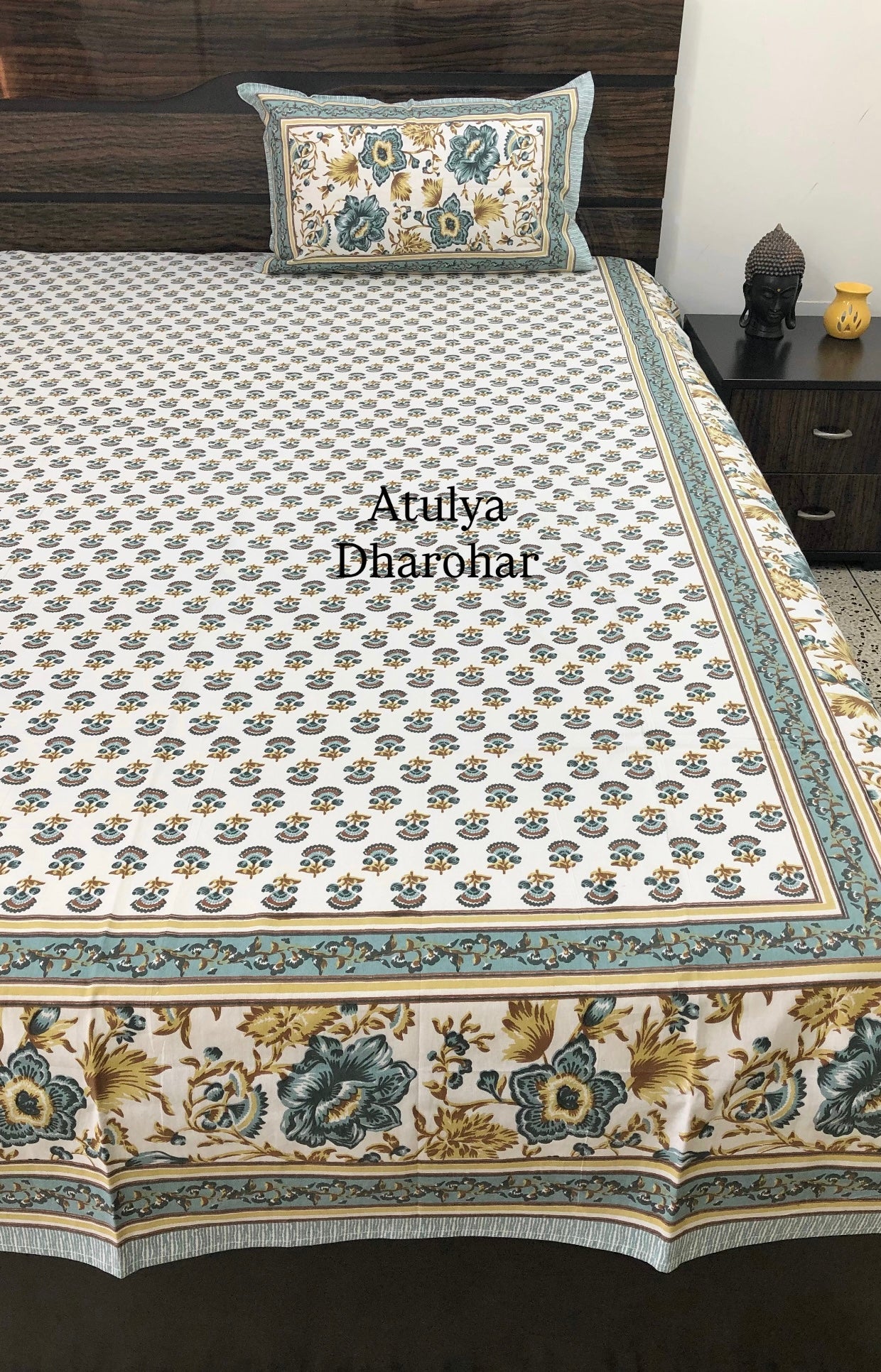 Turquoise and Yellow Floral Jaal Super King Cotton Bedsheet
