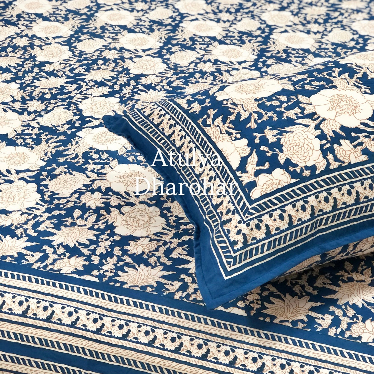 Blue Floral Jaal Cotton Super King Bedsheet