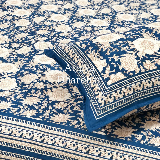 Blue Floral Jaal Cotton Super King Bedsheet