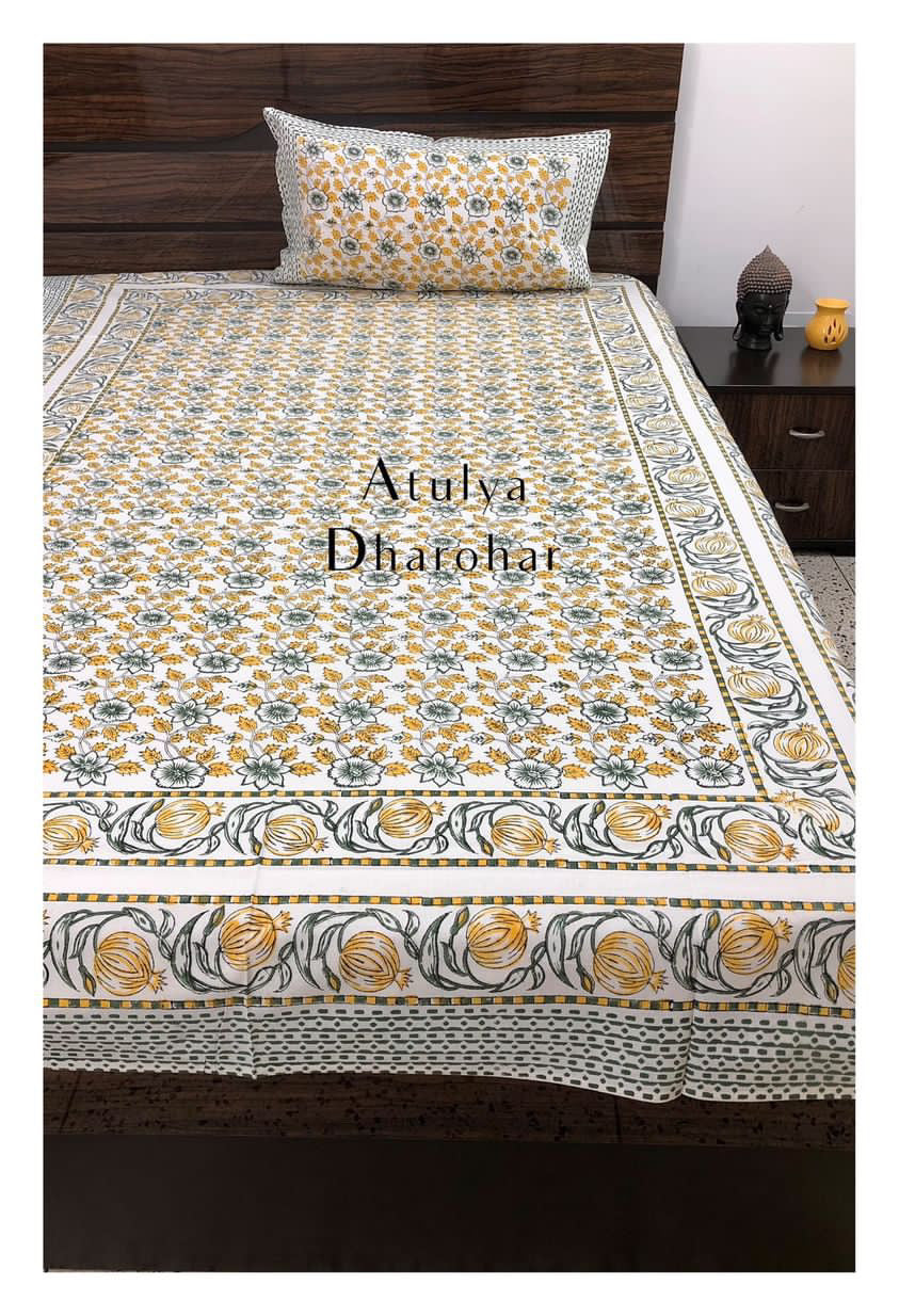 Yellow Floral Jaal Single Hand Block Bedsheet