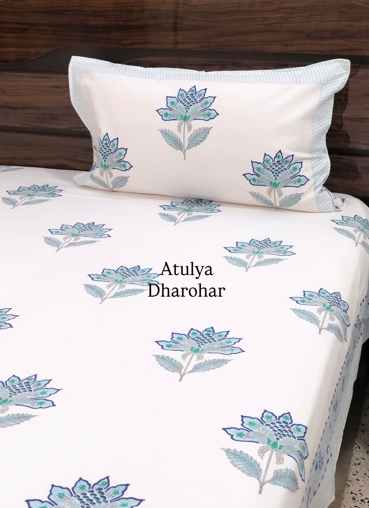 Blue Floral Motifs Hand Block Super King Bedsheet