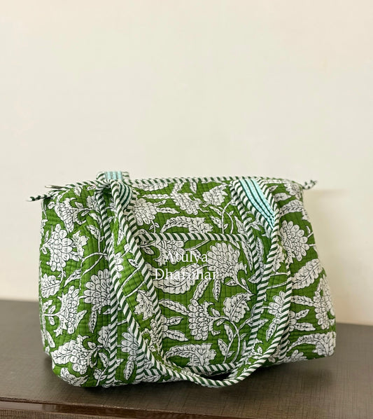 Green Floral Quilted Mini Duffle Bag
