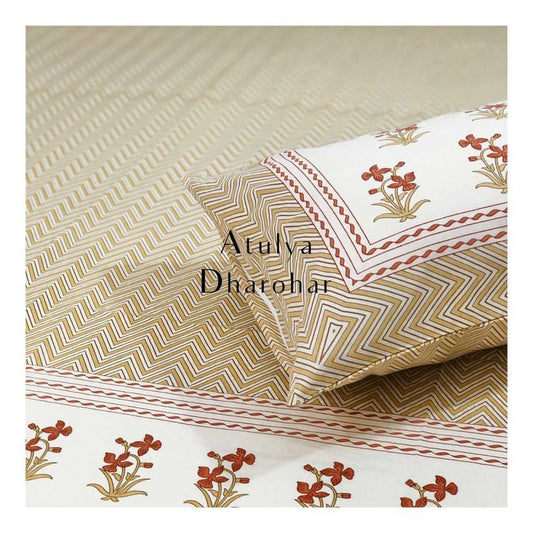 Mustard Zigzag with Floral Motifs Bedsheet