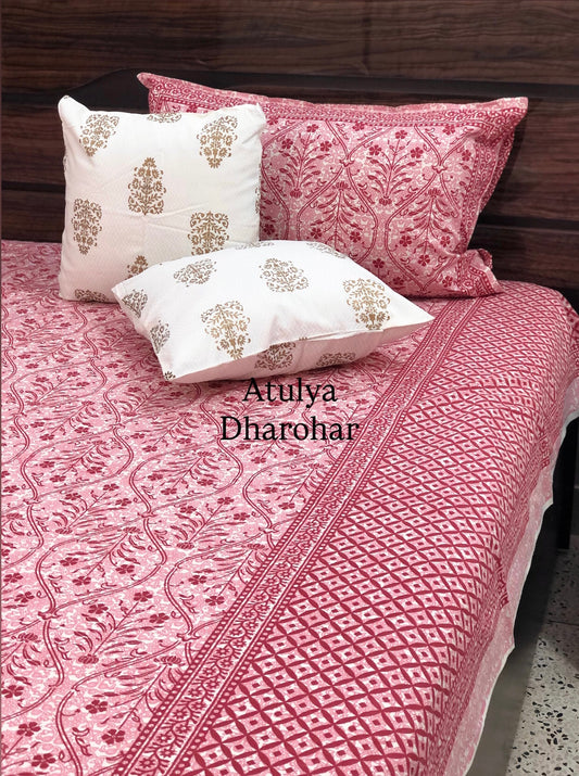 Pink Mughal Jaal Cotton King Size Bedsheet
