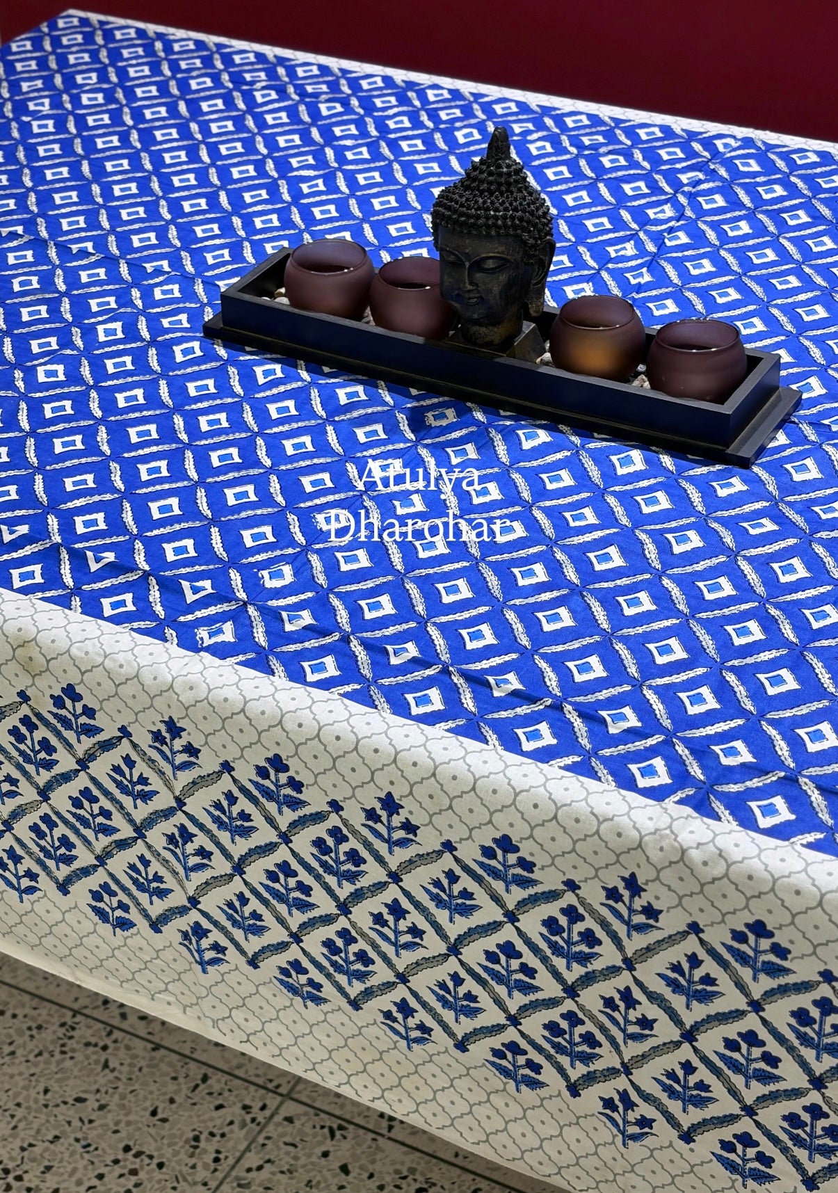 Indigo Mughal Jaal Cotton Dining Table Cover