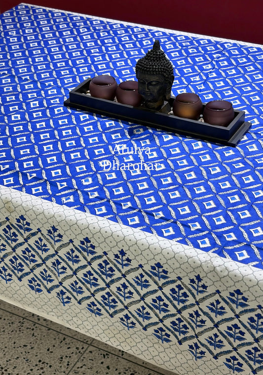 Indigo Mughal Jaal Cotton Dining Table Cover