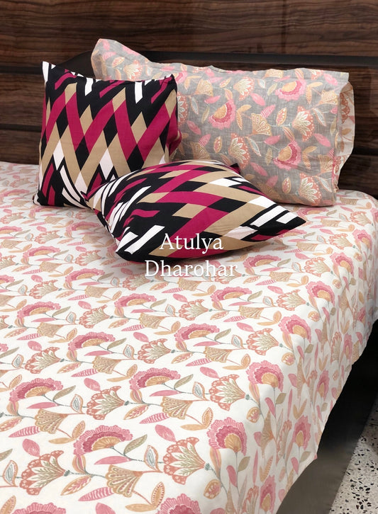 Pink Floral Jaal Cotton King Size Bedsheet