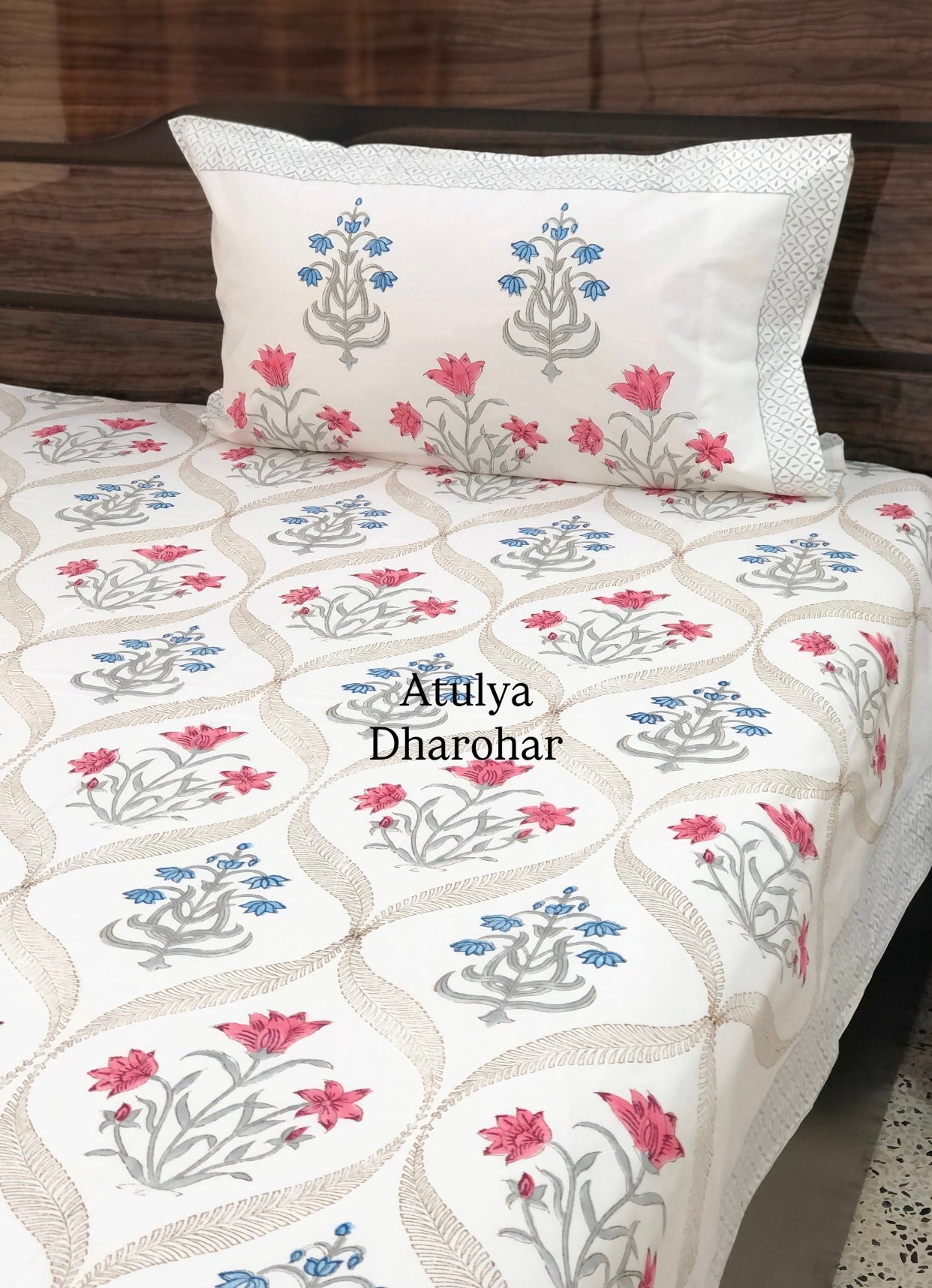 Pink and Blue Floral Mughal Jaal Percale Cotton Hand Block Super King Bedsheet