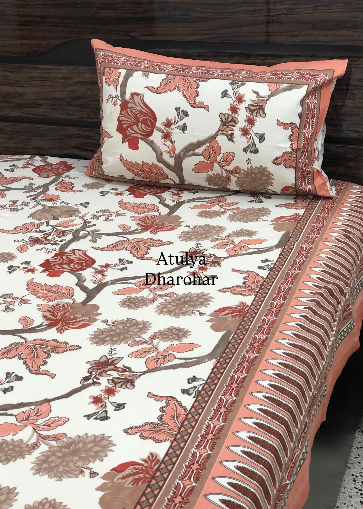 Orange Floral Jaal Cotton Super King Bedsheet