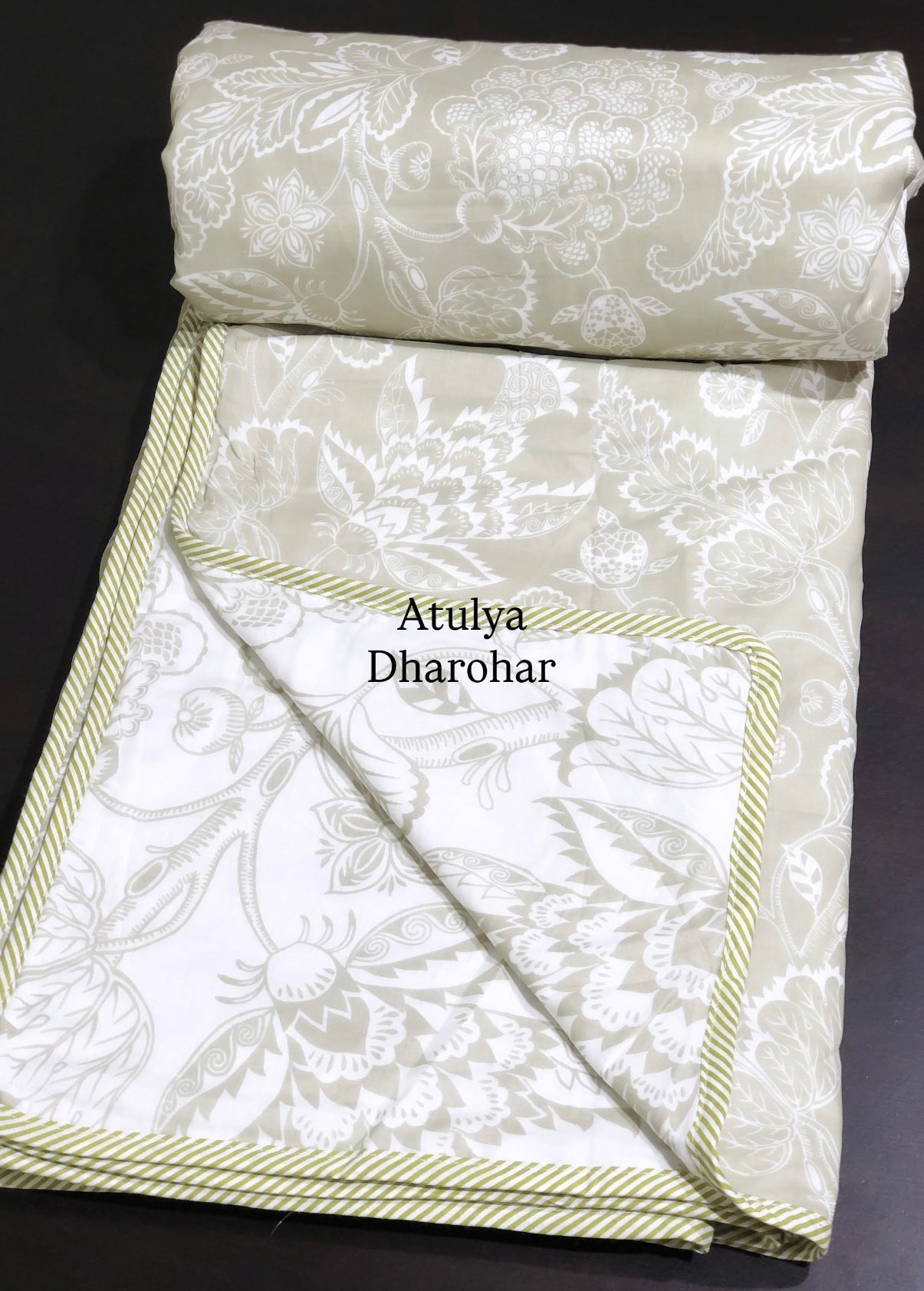Light Pista Floral Jaal Mulmul Double Bed Dohar