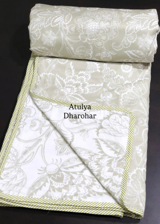 Light Pista Floral Jaal Mulmul Double Bed Dohar