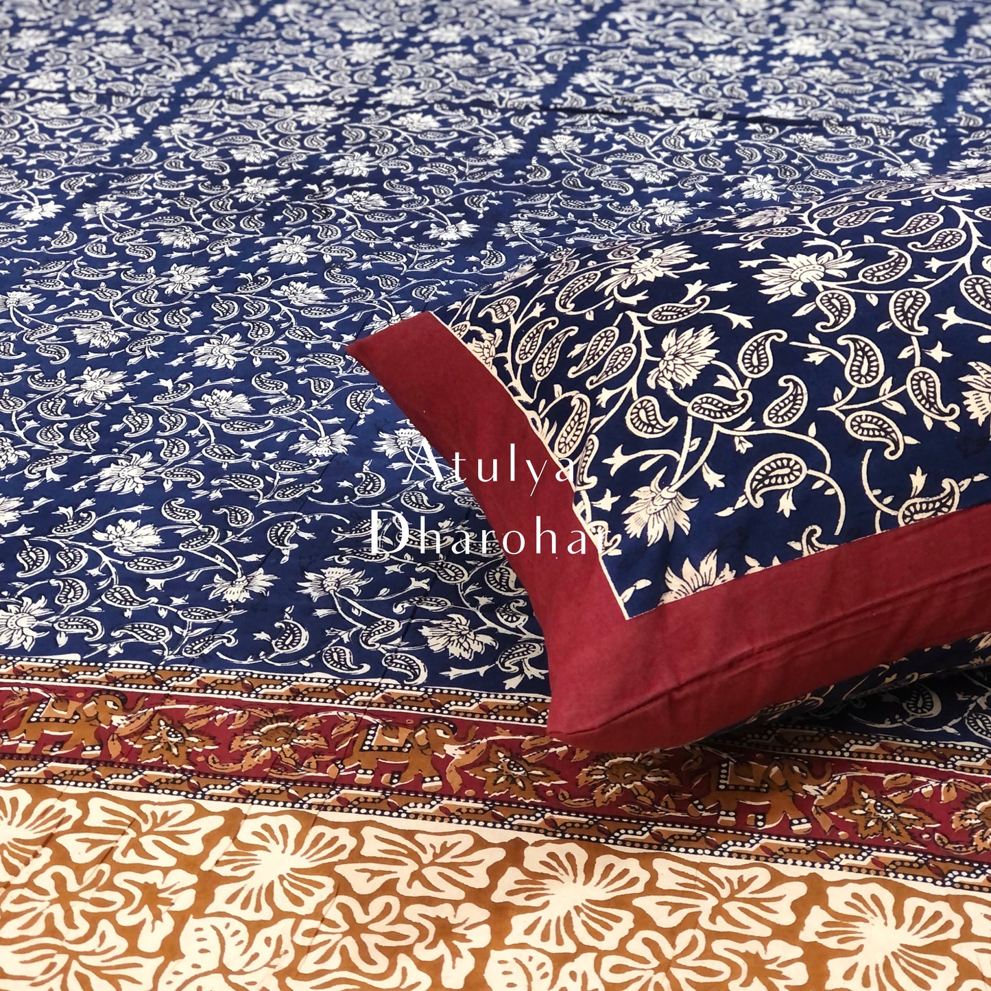 Indigo Kalamkari Cotton Bedsheet