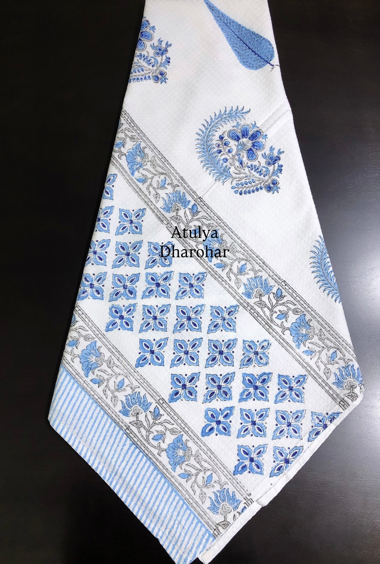 Blue Floral Motifs Hand Block Printed Waffle Cotton Towel