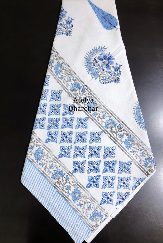Blue Floral Motifs Hand Block Printed Waffle Cotton Towel