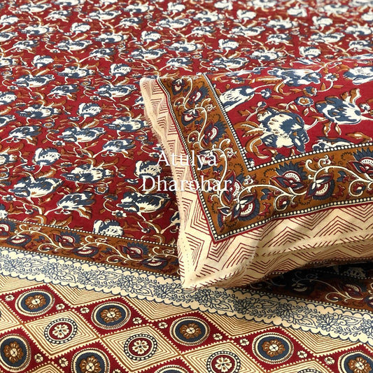 Maroon and Blue Cotton Kalamkari King Size Bedsheet