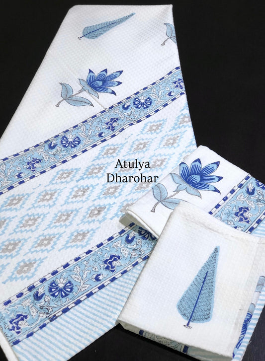 Blue Mughal Motifs Hand Block Waffle Cotton Towel Set