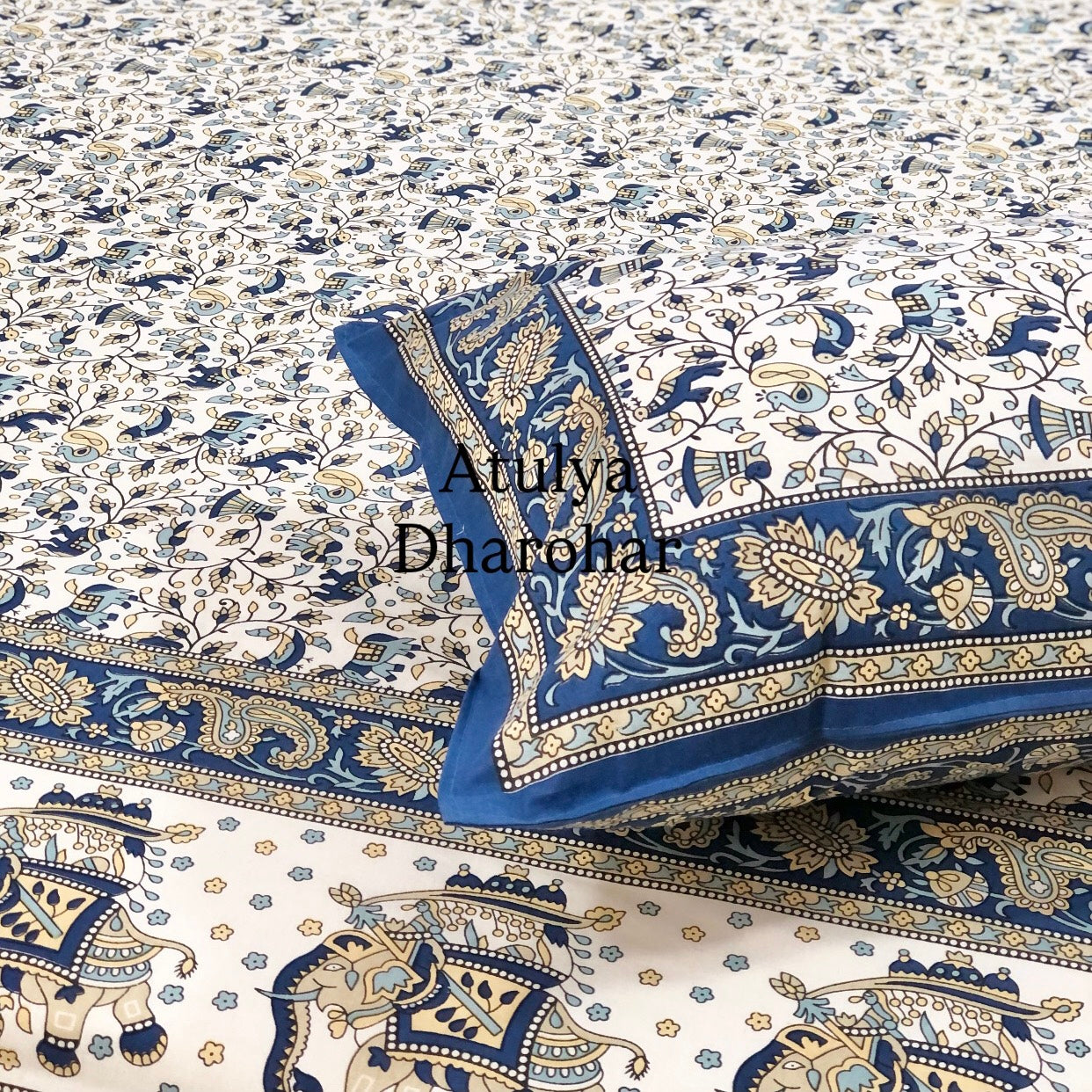 Elephant and Bird Motifs Cotton King Size Bedsheet