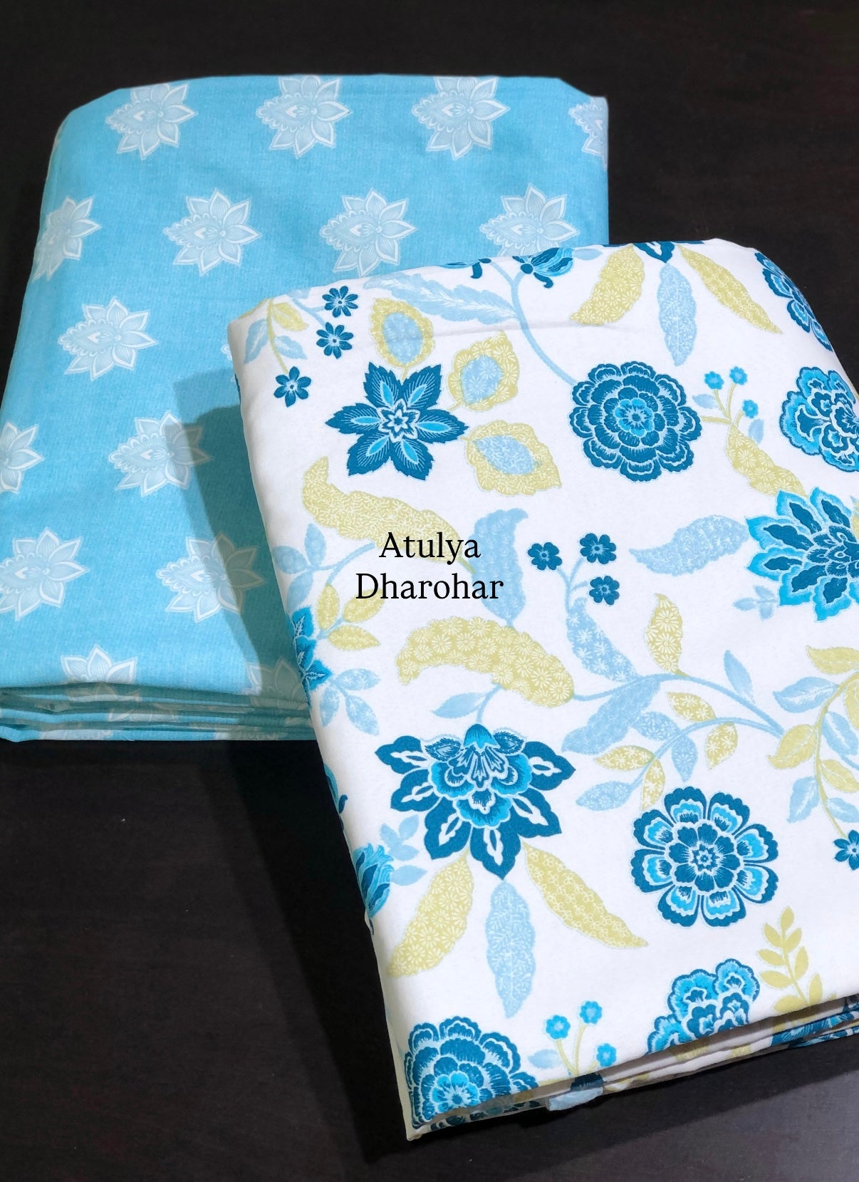 Blue Floral Jaal Cambric Cotton Single Dohar Pair