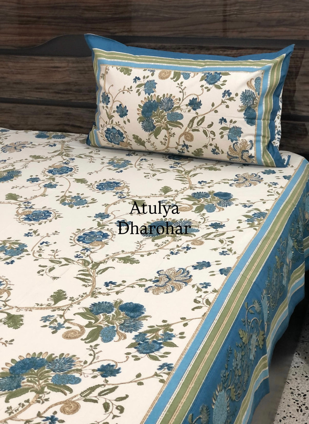 Blue and Green Floral Jaal Cotton Super King Bedsheet