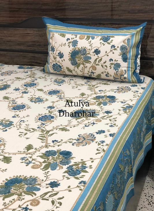 Blue and Green Floral Jaal Cotton Super King Bedsheet