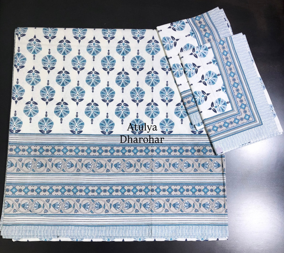 Blue Floral Motifs Cotton Super King Bedsheet