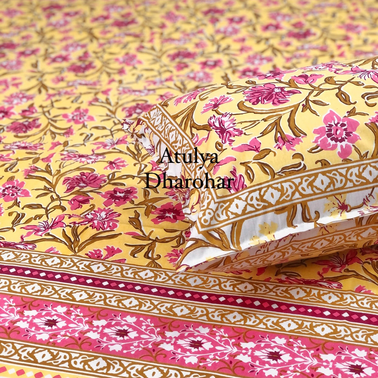 Yellow and Pink Floral Jaal Bedsheet