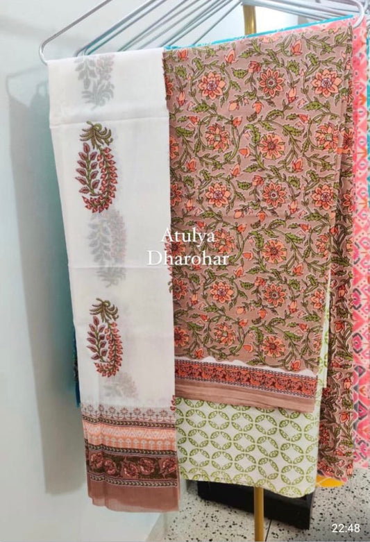 Brown and Green Suit Fabric with Cotton Dupatta