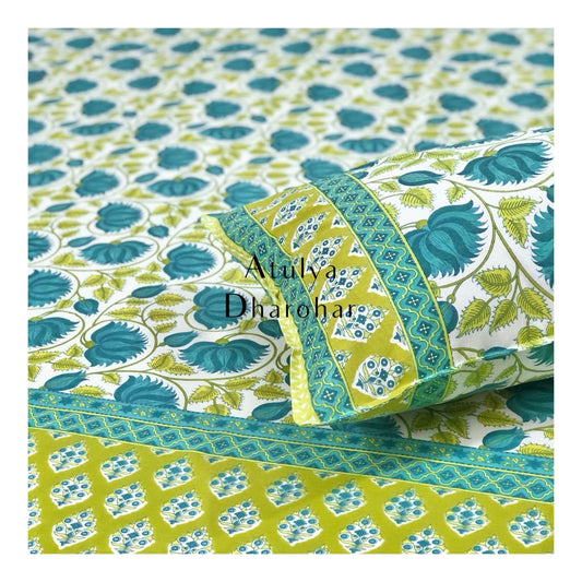 Blue and Green Lotus Motifs Bedsheet