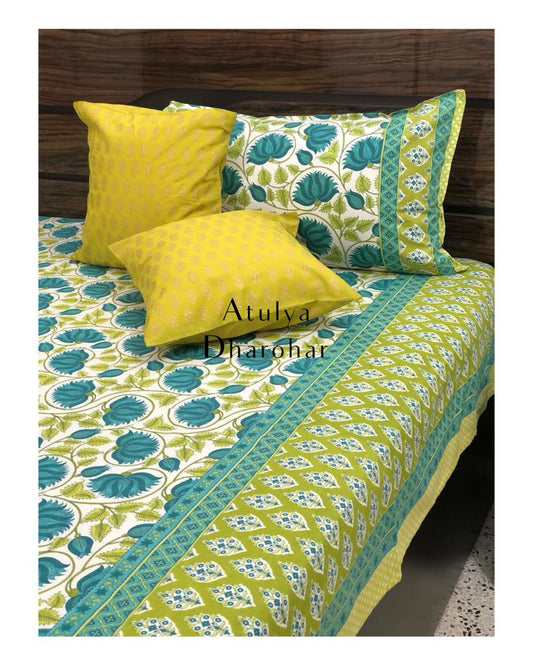 Blue and Green Lotus Motifs Bedsheet
