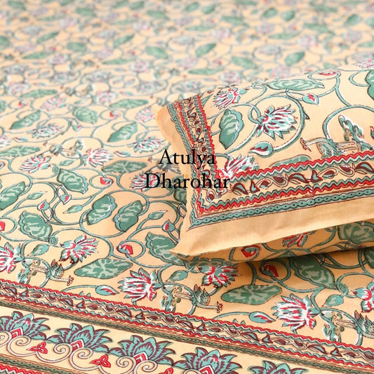 Green Lotus Jaal Cotton Bedsheet