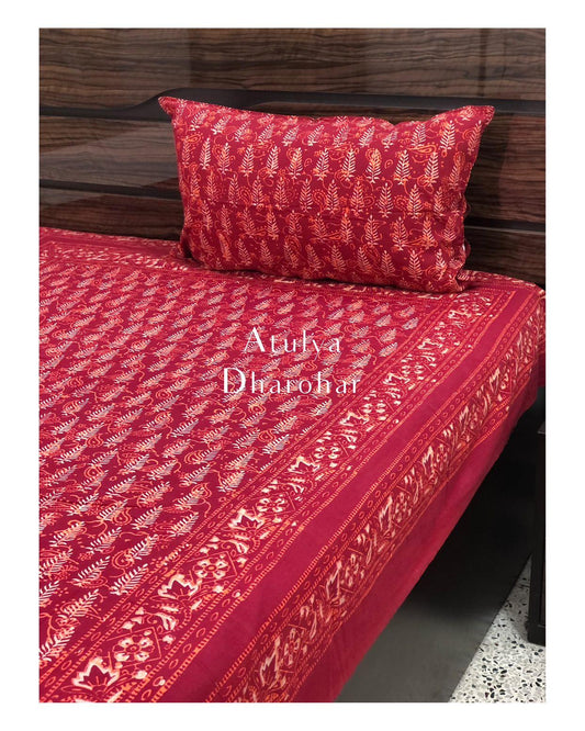 Red Pine Tree Motifs Hand Block Printed Bedsheet