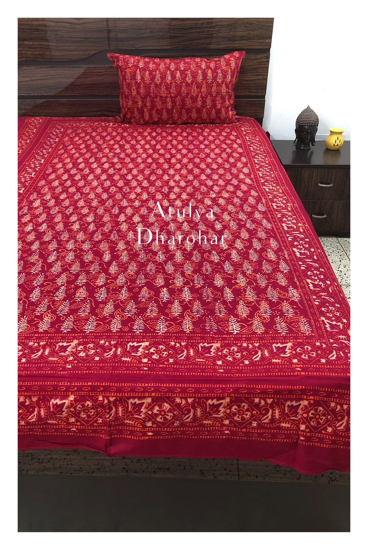 Red Pine Tree Motifs Hand Block Printed Bedsheet