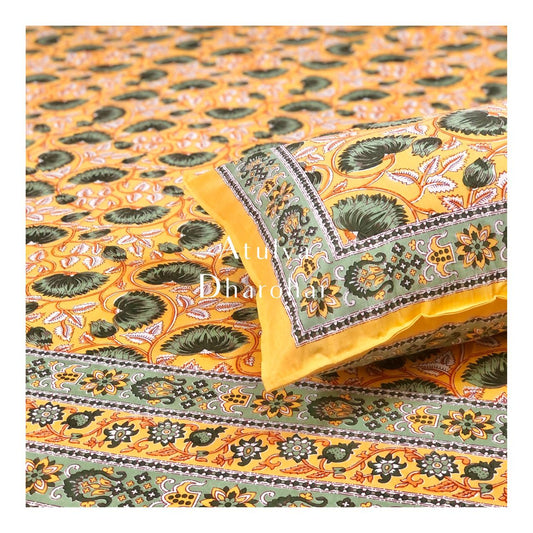 Yellow and Green Lotus Motifs Bedsheet