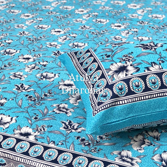 Blue Floral Jaal Cotton King Size Bedsheet
